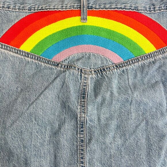 Target Size Medium Light Wash Denim Skirt Pride Rainbow Embroidered Frayed Hem - Picture 2 of 14